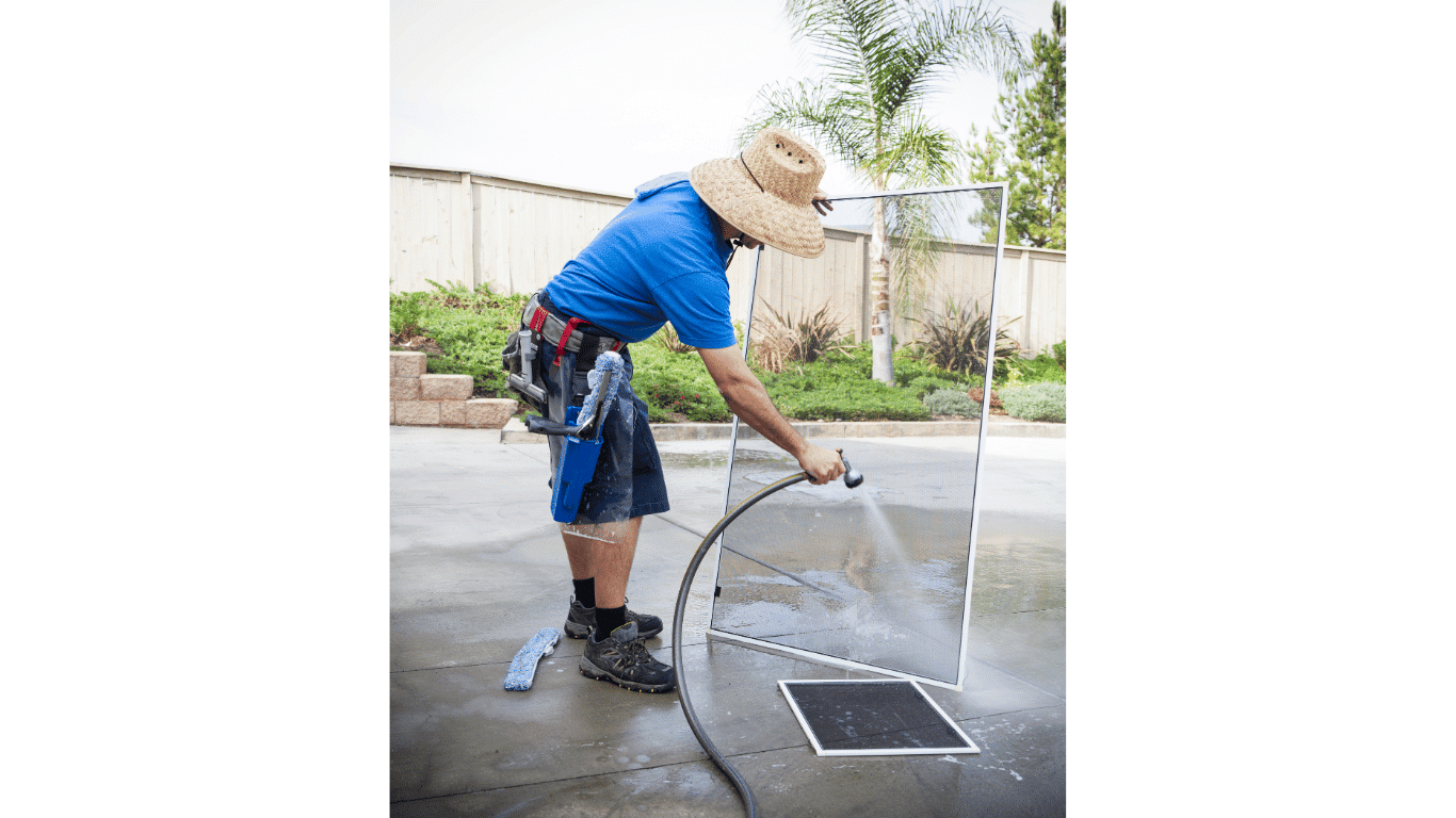 Cleaning flyscreens with soft brush and soapy water
